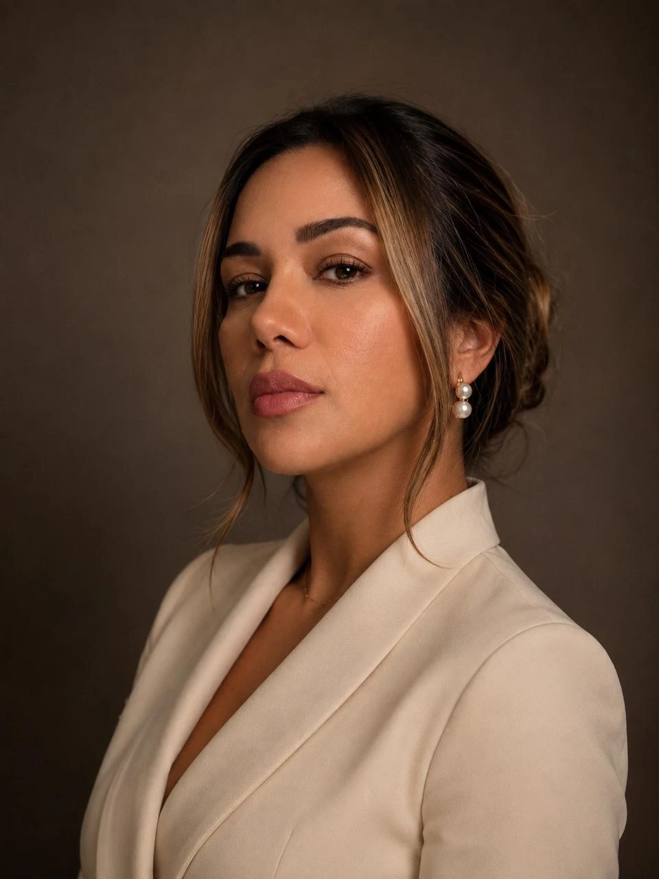 Dra. Daniela Nóbrega em retrato de estúdio, de blazer creme e brinco de pérola, sobre fundo café escuro